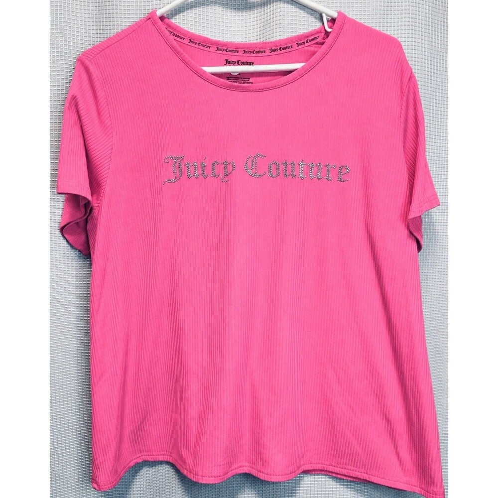Juicy Couture 1X Pink Ribbed Rhinestone Logo Sleep Top Short Sleeve Plus